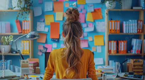 The efficient multitasking of an administrative assistant, surrounded by a colorful array of office supplies and computer screens, Their organized workspace is a hub of productivity. Generative AI.