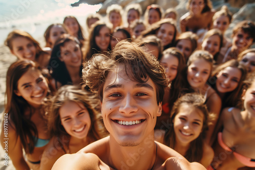 Smiling young man taking a selfie surrounded by a group of friends on vacation.