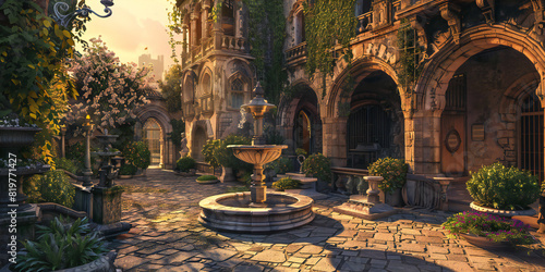  Castle Courtyard at Sunset An image of a castle courtyard bathed in the warm glow of sunset, with stone arches, ornate fountains, and lush gardens creating a picturesque scene of medieval elegance