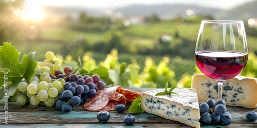 Italian landscape with a cheese and wine selection on a wooden table. Concept Italian landscape, Cheese selection, Wine tasting, Wooden table setting, Culinary experience