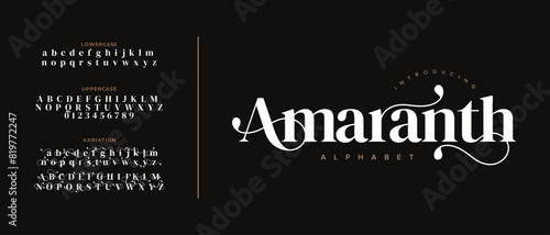 Amaranth elegant font alphabet uppercase lowercase and number. Classic lettering minimal fashion designs. Typography modern serif fonts regular decorative vintage concept. Vector illustration