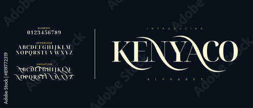 Kenyaco elegant font alphabet uppercase lowercase and number. Classic lettering minimal fashion designs. Typography modern serif fonts regular decorative vintage concept. Vector illustration