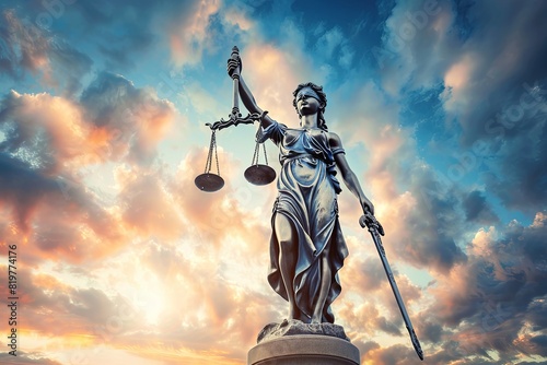Lady Justice. Statue of Justice against the sky. Legal and legal concept. 