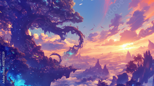 Beautiful fantasy world, serene landscape with magical creatures