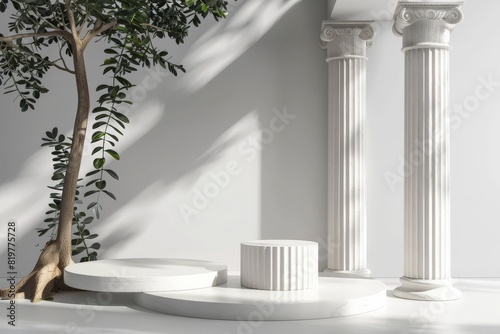 Ancient Greco-Roman hall interior with a circular stone podium surrounded by grand Corinthian columns. Beautiful simple AI generated image in 4K, unique.