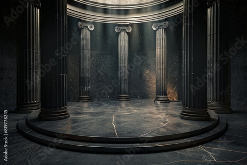 Ancient Greco-Roman hall interior with a circular stone podium surrounded by grand Corinthian columns. Beautiful simple AI generated image in 4K, unique.