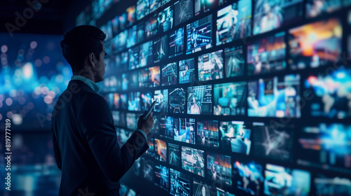 Man Standing in Front of Wall of Television Screens