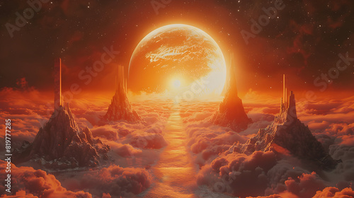 The image shows a sunset over a sea of clouds. The sky is orange and the clouds are pink. There are some mountains in the distance. The image is very beautiful and peaceful.