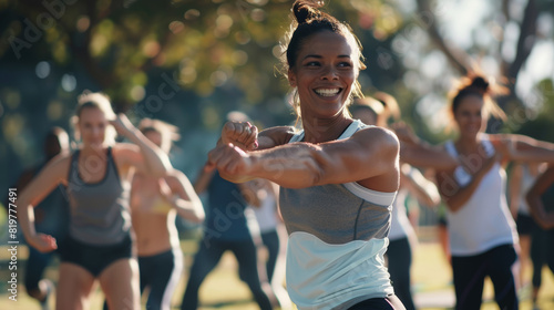 Enthusiastic woman leading an outdoor fitness class with a group of participants.