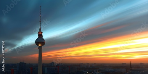 Iconic Berlin Landmark: Berlins Fernsehturm Tower Silhouetted Against Colorful Sunset. Concept Berlin Landmarks, Fernsehturm Tower, Sunset, Silhouette, Colorful Sky