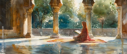 Woman reciting the Quran in a traditional courtyard, watercolor, soft pastels, serene atmosphere