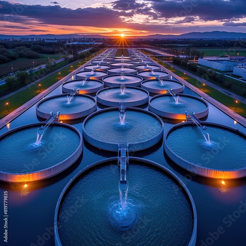 Modern waste water treatment plant, aerial view from drone at the evening sunset Please provide high-resolution