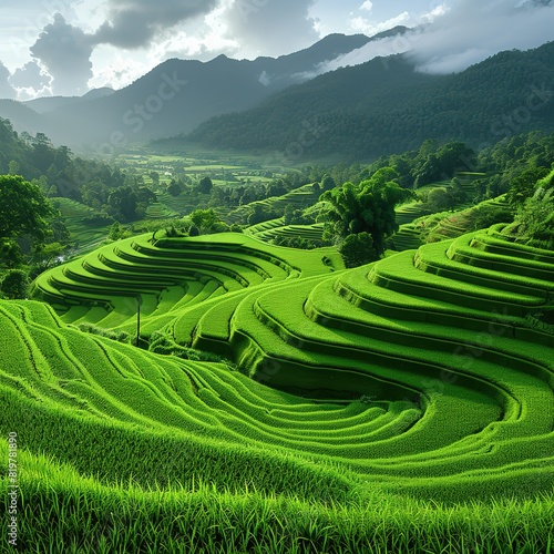 Rice Terrace Aerial Shot Image of beautiful terrace rice field in Chiang Mai Thailand Please provide high-resolution