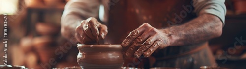 Dedicated Artist, Serene shot of potter's focused expression, Spinning wheel and forming pot in foreground