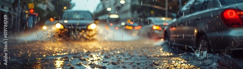 Cars Driving Through Rainy City Street with Blurred Lights