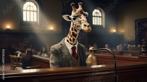 giraffe dressed as lawyer citing in court among humans - different world of animals