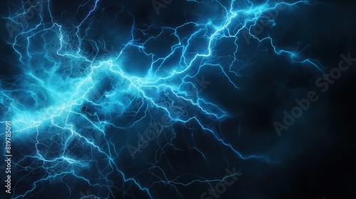 A highly detailed scene of a singular, powerful blue lightning strike with a fractal pattern, illuminating a dark void with its brilliance. 