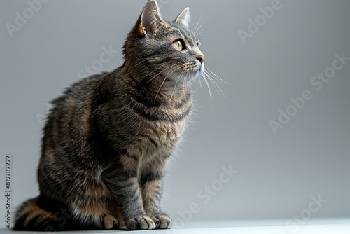 Depicting a grey shorthair cat in standing posture looking to the side