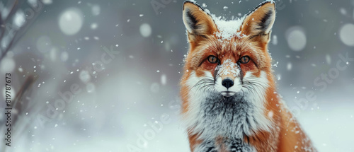 Majestic red fox stands in a snow flurry, embodying the wild winter spirit.