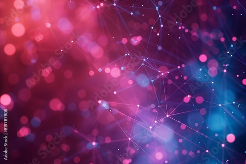 Abstract digital technology background with pink and blue bokeh lights and connecting lines, conveying innovation, network, and futuristic themes.