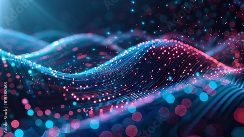 Abstract glowing particles in a wave pattern representing data flow and digital technology concepts in vibrant pink and blue colors.