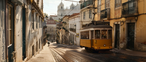 An iconic yellow tram strolls through Lisbon's historic streets in soft light.
