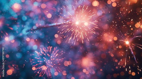 Colorful fireworks bursting in the night sky with bokeh lights creating a festive and celebratory atmosphere.