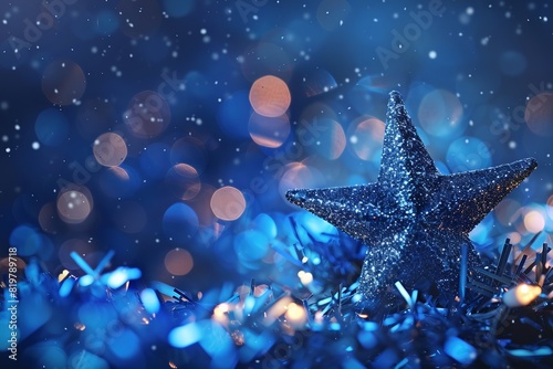 Sparkling blue Christmas star ornament amid shiny tinsel with festive bokeh lights, creating a magical holiday atmosphere.