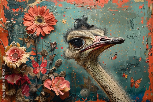 Depicting a cute ostrich design, with a painted background, flowers and butterflies, ostrich, bird, animal patchwork, handmade wall art, patchwork, o