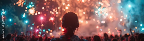 A woman stands in front of a crowd of people watching fireworks