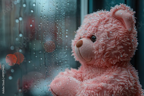 A pink stuffed animal looks out of a window when it's raining