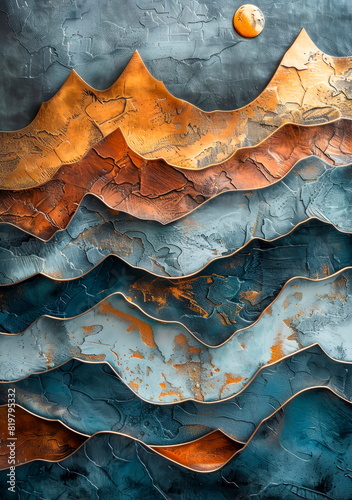 Abstract metallic landscape with mountains and valleys, with different textures and finishes.