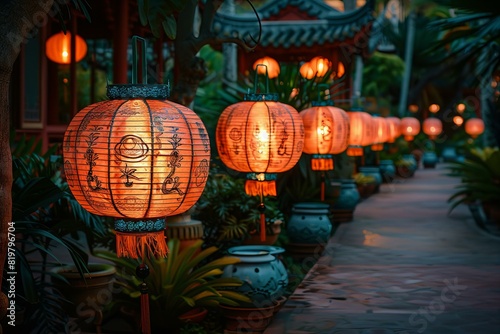 Red lanterns lit up outside at night, high quality, high resolution
