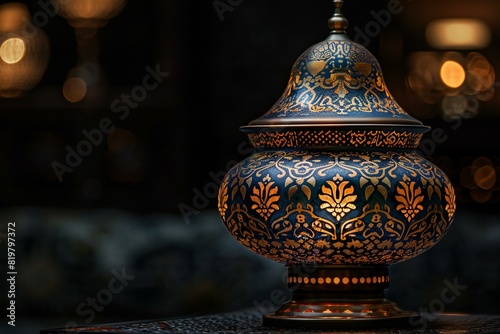 Illustration of metal and wood votive lamp on a dark table, high quality, high resolution