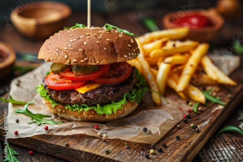 close-up of a delicious juicy burger. Healthy and tasty burger. Beautiful simple AI generated image in 4K, unique.