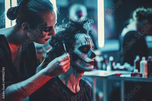 Makeup Artist Applying Stage Makeup to Actor in Dressing Room - Transformation Process for Theater Performance