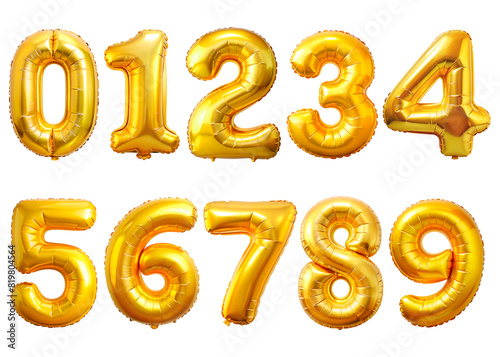 Set of golden balloon numbers set, isolated on transparent background