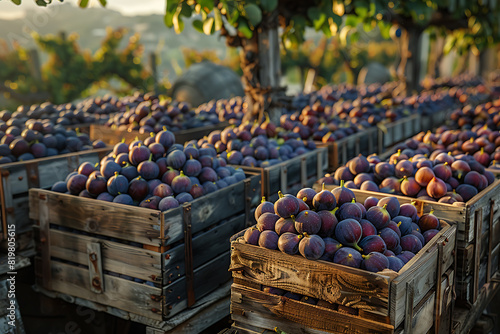 The harvested figs are meticulously packed in wooden boxes on the sorting line, ready for distribution from a bustling orchard during the peak of the harvest season