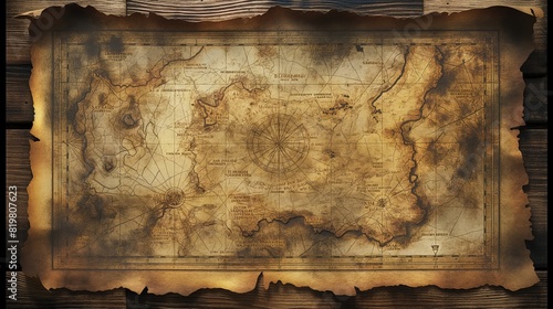 A realistic, digitally rendered old-world treasure map with burnt edges and faded ink, suitable for adventure games or historical VR explorations. 32k, full ultra HD, high resolution