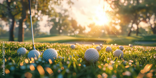 golf ball on the grass, Golf club and ball in grass concept. Golf balls on the golf course with golf clubs. In the morning, with the beautiful sunlight.