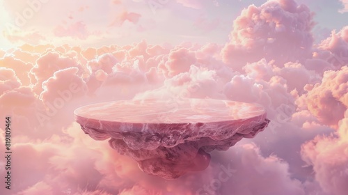 Fantasy floating island, a circular marble base floating in a sky filled with light pink clouds, ideal for a magical setting in a story, digital fantasy art