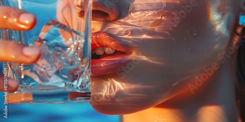 close-up of woman with red lipstick holding glass of water with ice cubes against blue background