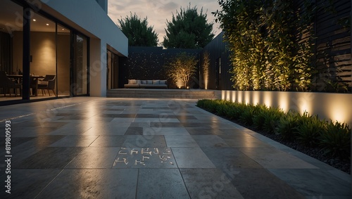 A beautiful modern garden with porcelain tile paving