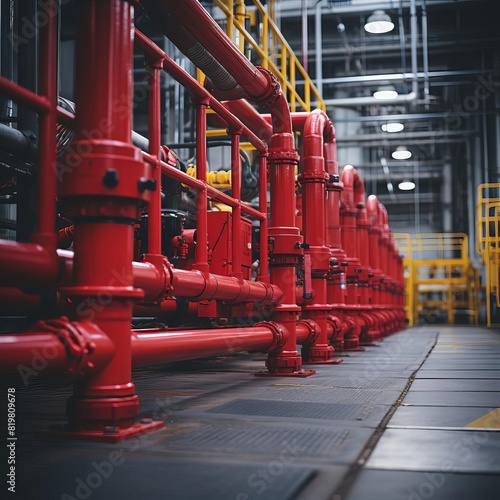 Industrial interior of a factory or power plant with red pipelines and catwalks