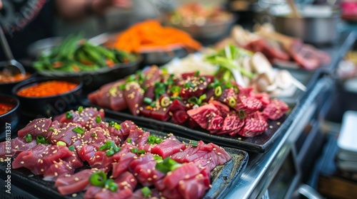 Korean street food market scene, showcasing freshly prepared beef sashimi at a vendor stall, served with traditional condiments, capturing the vibrant street food culture