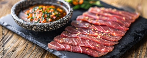 Rustic Korean dining setting featuring thinly sliced raw beef sashimi on a slate plate, served with spicy dipping sauce in a traditional stone bowl, natural wood table background