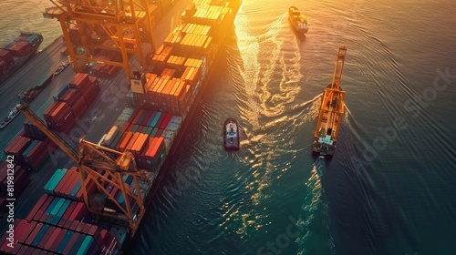 Aerial View of Bustling Port at Sunset with Cranes Loading Colorful Containers onto Cargo Ships