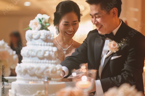 Elegant Wedding Cake Cutting Moment - Joyful Bride and Groom Celebrating Their Special Day
