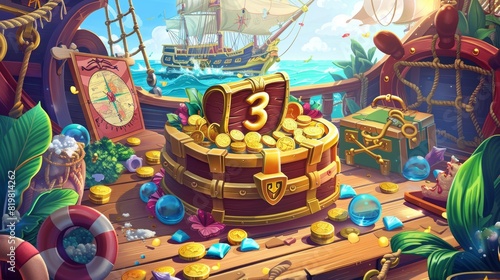 Adventure-Themed Birthday Banner with Treasure Chest Cake, Gold Coins, and Pirate Ship Deck Design