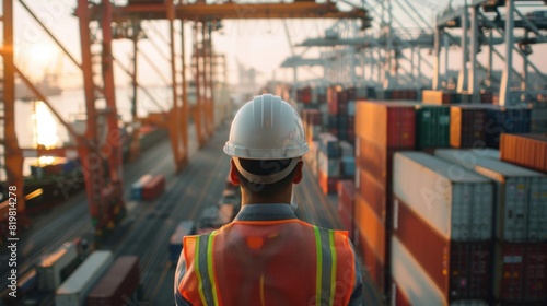 An engineer wearing a hard hat and safety vest inspecting cargo containers at a busy port, with cranes and ships in the background.